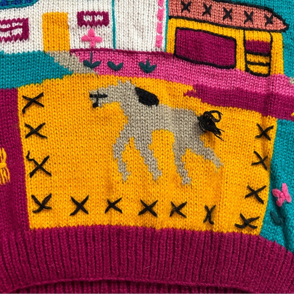 Vintage 80s WHITE STAG sweater knit farm scene folk art whimsical rare sz M EUC - Picture 5 of 16